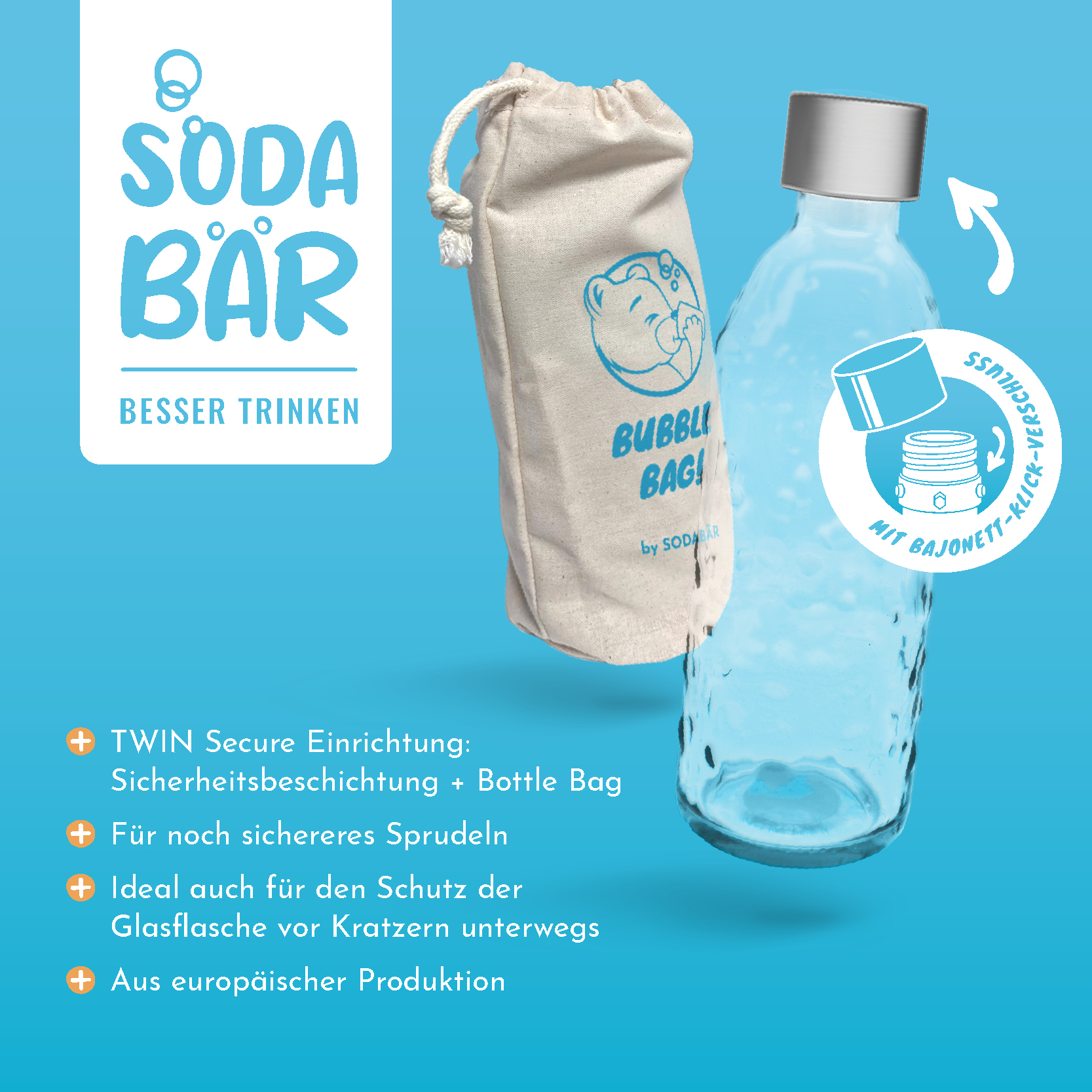Glasflasche Bajonettmechanismus für Wassersprudler 0,75 l mit TWIN SECURE