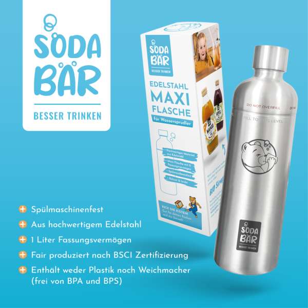 Sodabär Edelstahl 1L MAXI Flasche für Wassersprudler für (Aarke Carbonator I/II/III, Philips GoZero,